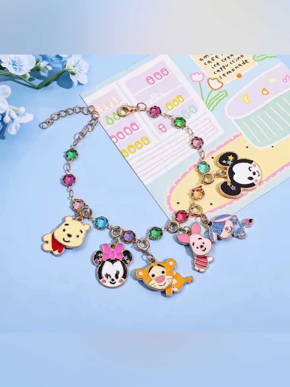 Gold Disney Winnie Pooh & Mickey Minnie Mouse Crystal Gemstone Charm Bracelet